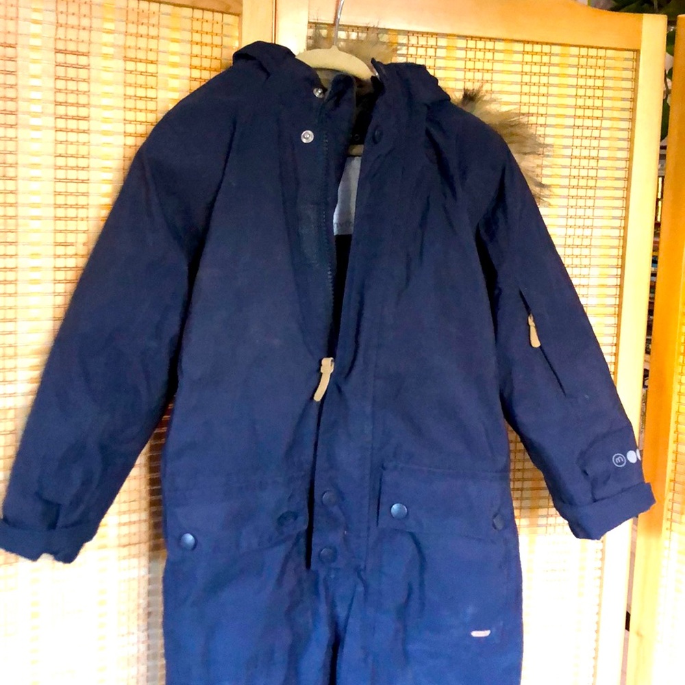 Navy toddler snowsuit by Minymo.